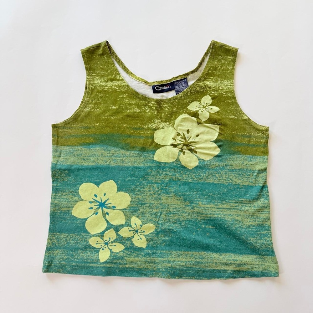 Catalina Women's Medium Y2K Green Teal Floral Tank Top